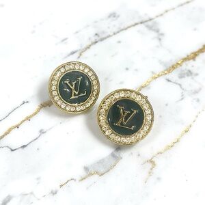 Luxury Gold/Black/Rhinestone Logo Repurposed Button Earrings 23mm